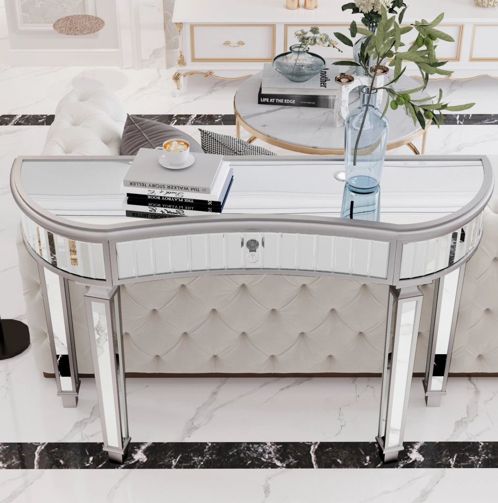 Tavolo consolle a mezzaluna specchiato 120 cm grigio e argento con cassetto