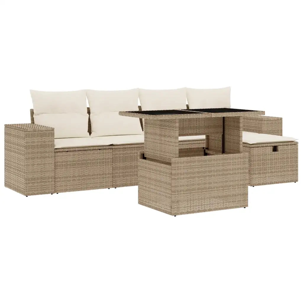 Set Divano da Giardino 6 pz con Cuscini Beige in Polyrattan