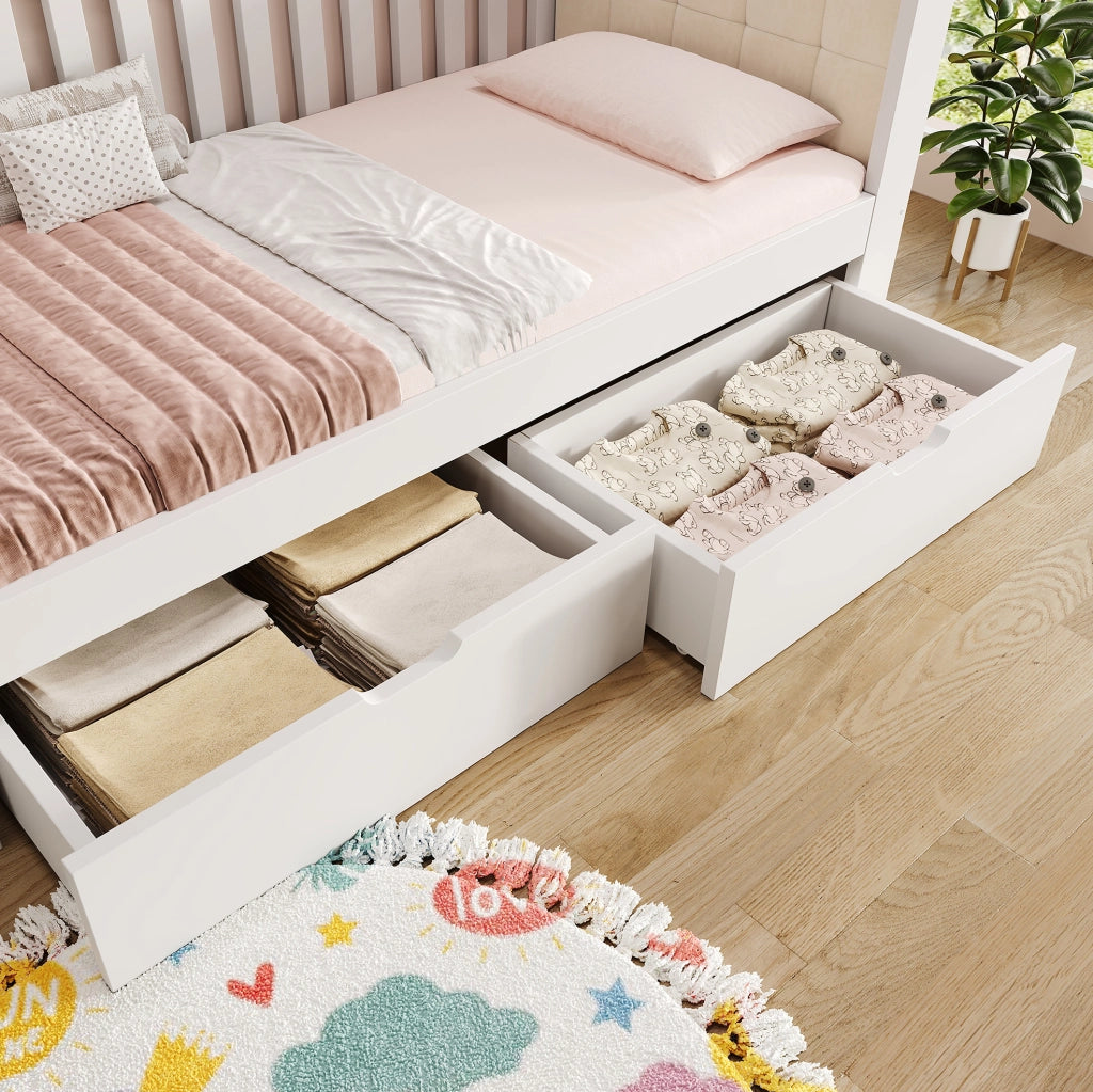 Letto singolo in legno con 2 cassetti e schienale imbottito, bianco 90x200 cm