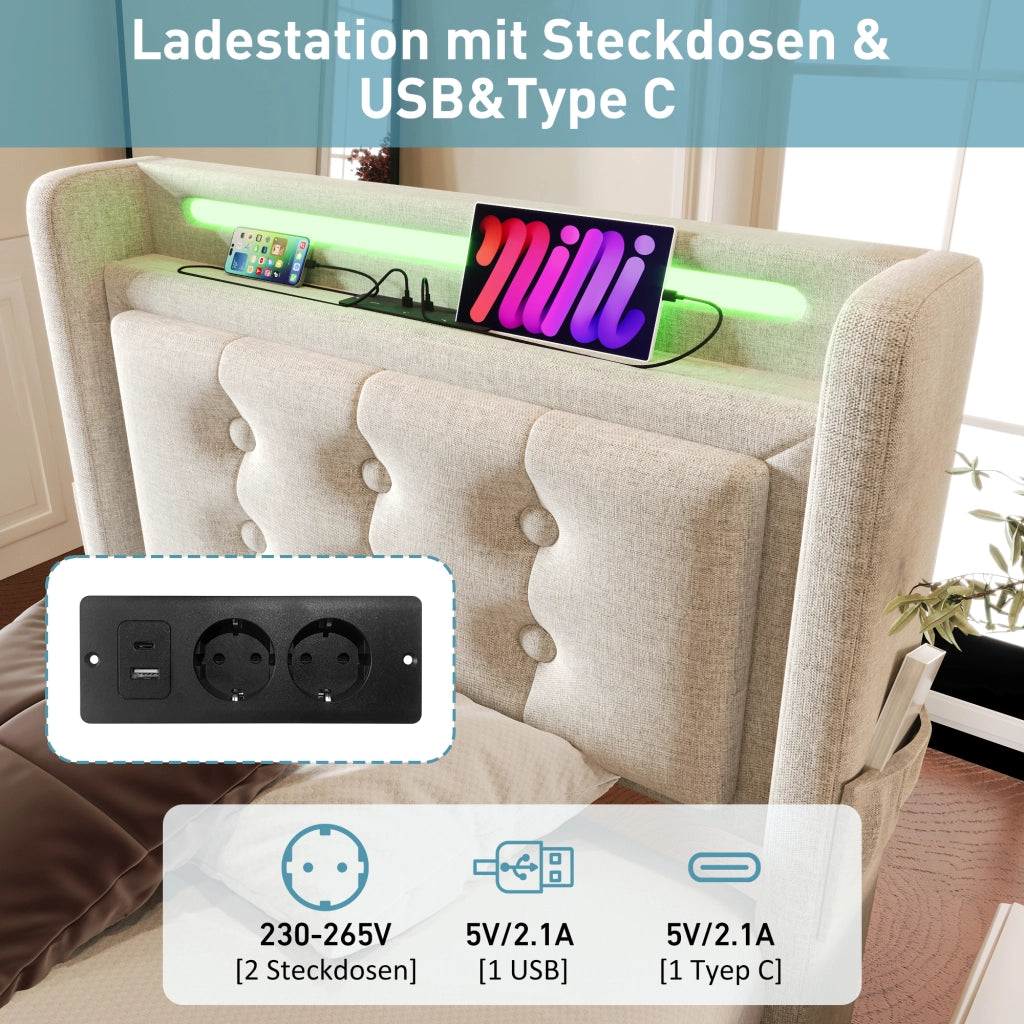 Letto Contenitore Letto Singolo 90×200 cm con USB; USB-C e LED; senza Materasso; Beige