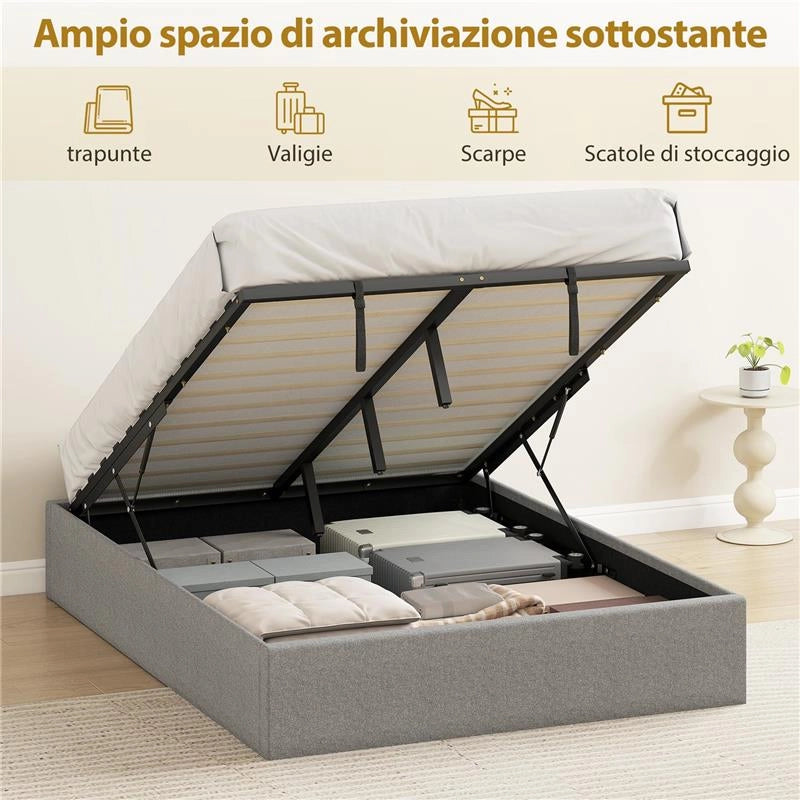 LETTO CONTENITORE MATRIMONIALE 190X140 CM, DOGHE IN LEGNO, PISTONE A GAS E RIVESTIMENTO IN TESSUTO, GRIGIO