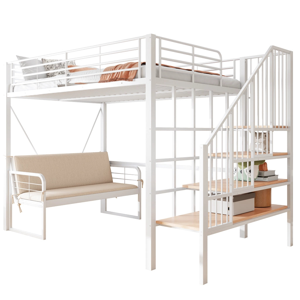 Letto a castello 140 × 200 cm con divano imbottito, scala con contenitore, senza materasso, bianco