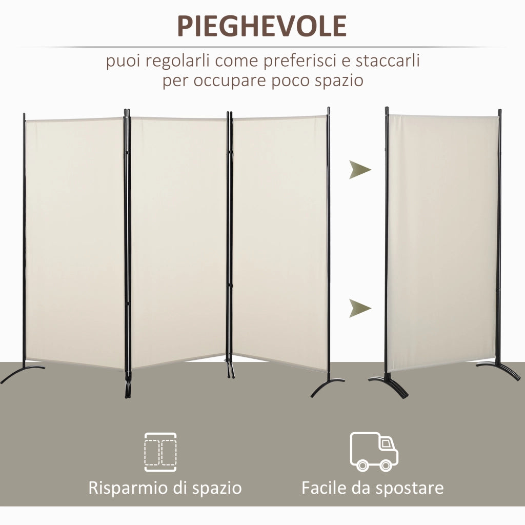 Paravento Separ¨¦ da Interno a 3 Pannelli Pieghevole in Metallo e Poliestere, 253x50x182cm, Beige