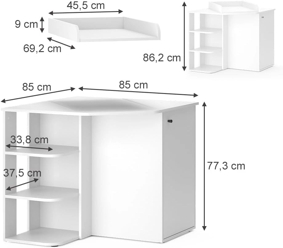 Fasciatoio Kristian, Bianco, 85 x 77.3 cm con porta e vani aperti, convertibile in una cassettiera tradizionale per un utilizzo versatile