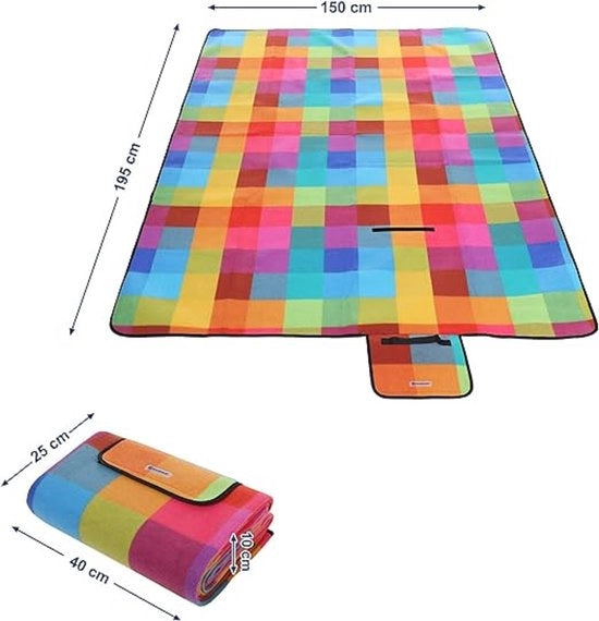 Tenda da picnic 195 x 150 cm - Grande deken per camping, giardino, spiaggia - Imbottito e lavabile in lavatrice - Ripiegabile - Quadrati colorati