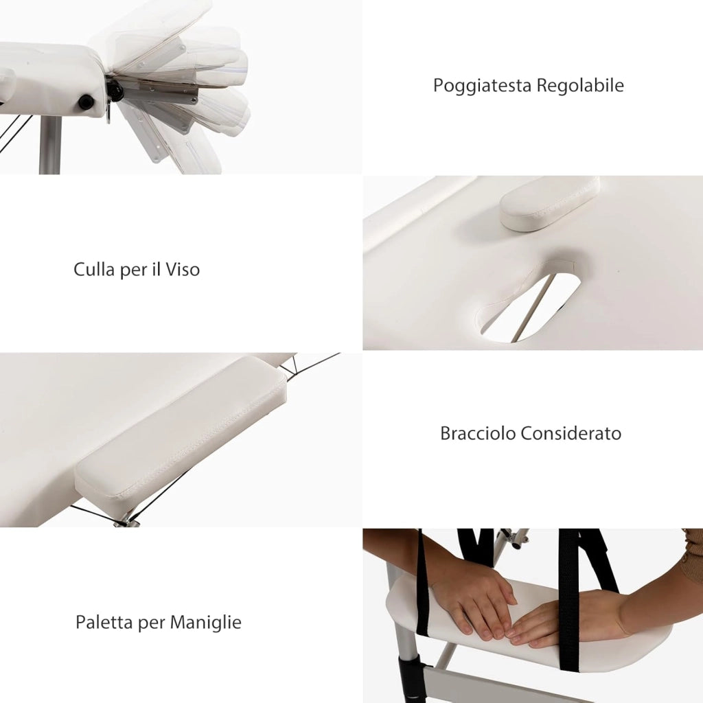 Lettino da Massaggio Pieghevole e Portatile, con Telaio in Alluminio, Regolabile in Altezza, Poggiatesta e Braccioli Removibili e Borsa, Portata 250 kg, 213 x 70 x 59-80 cm