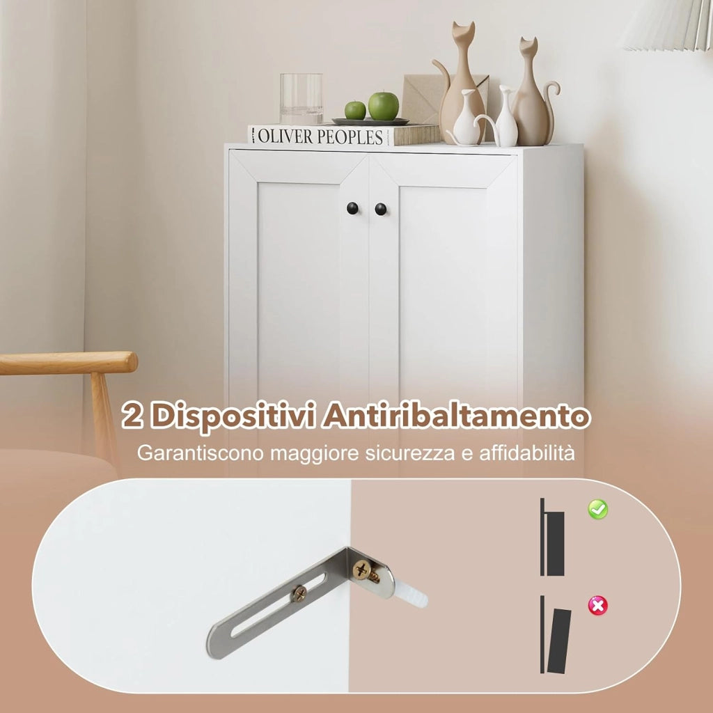 Mobile Bagno da Terra, Armadietto da Bagno in Legno con con 2 Ante e 3 Ripiani Regolabili, Credenza Indipendente per Soggiorno, Sala da Pranzo e Cucina, 60 x 30 x 80 cm