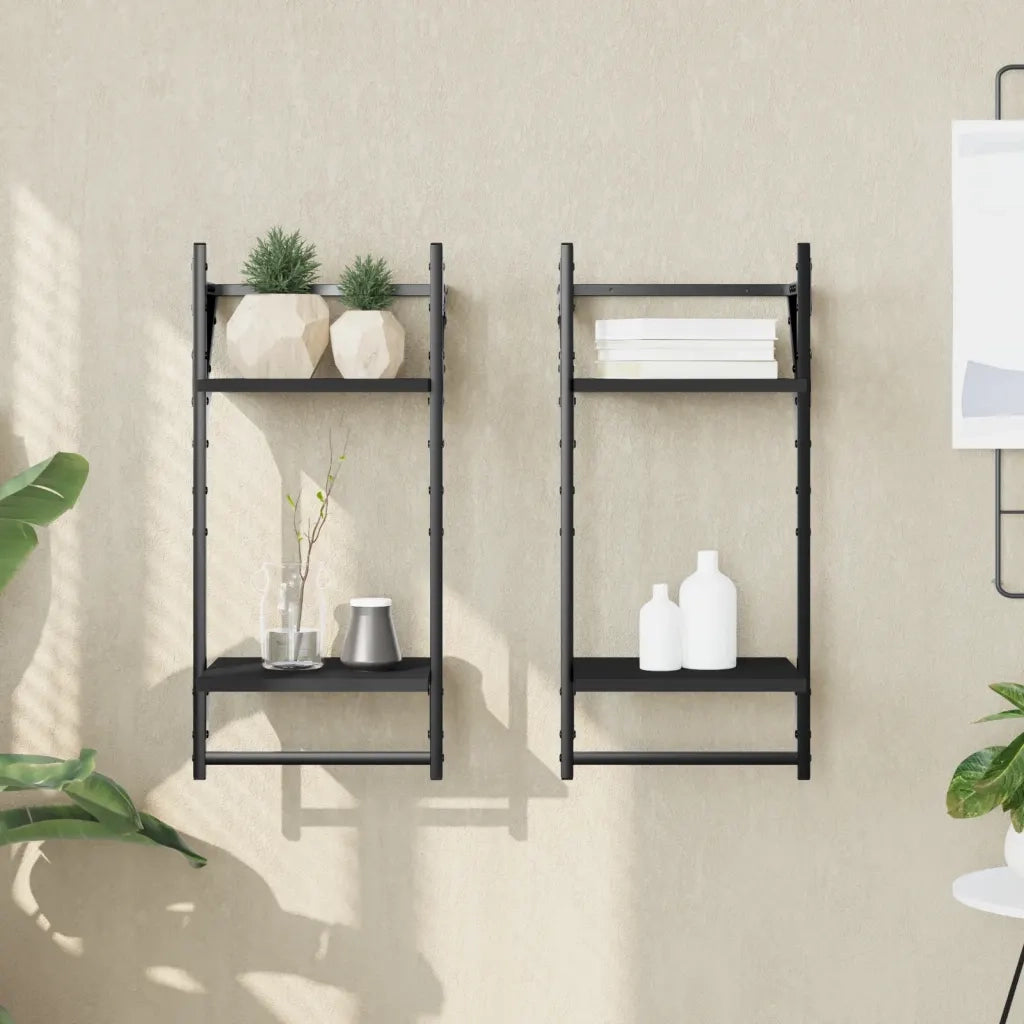 2 pz Mensole da Parete | Scaffali a Parete | Ripiano a parete 2 Livelli con Aste Nere 30x25x65 cm