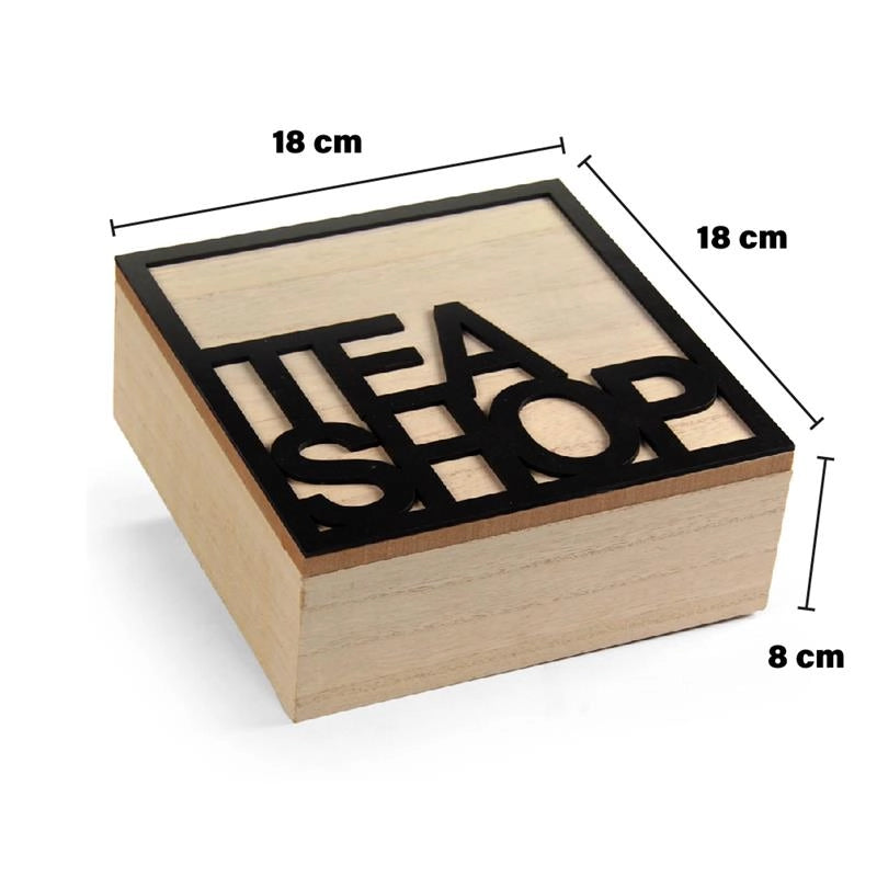 CONTENITORE PORTA TISANE, TÈ- SCATOLA IN LEGNO STILE ELEGANTE, LEGNO NATURALE, "TEA SHOP" 18 X 18 X 7H CM