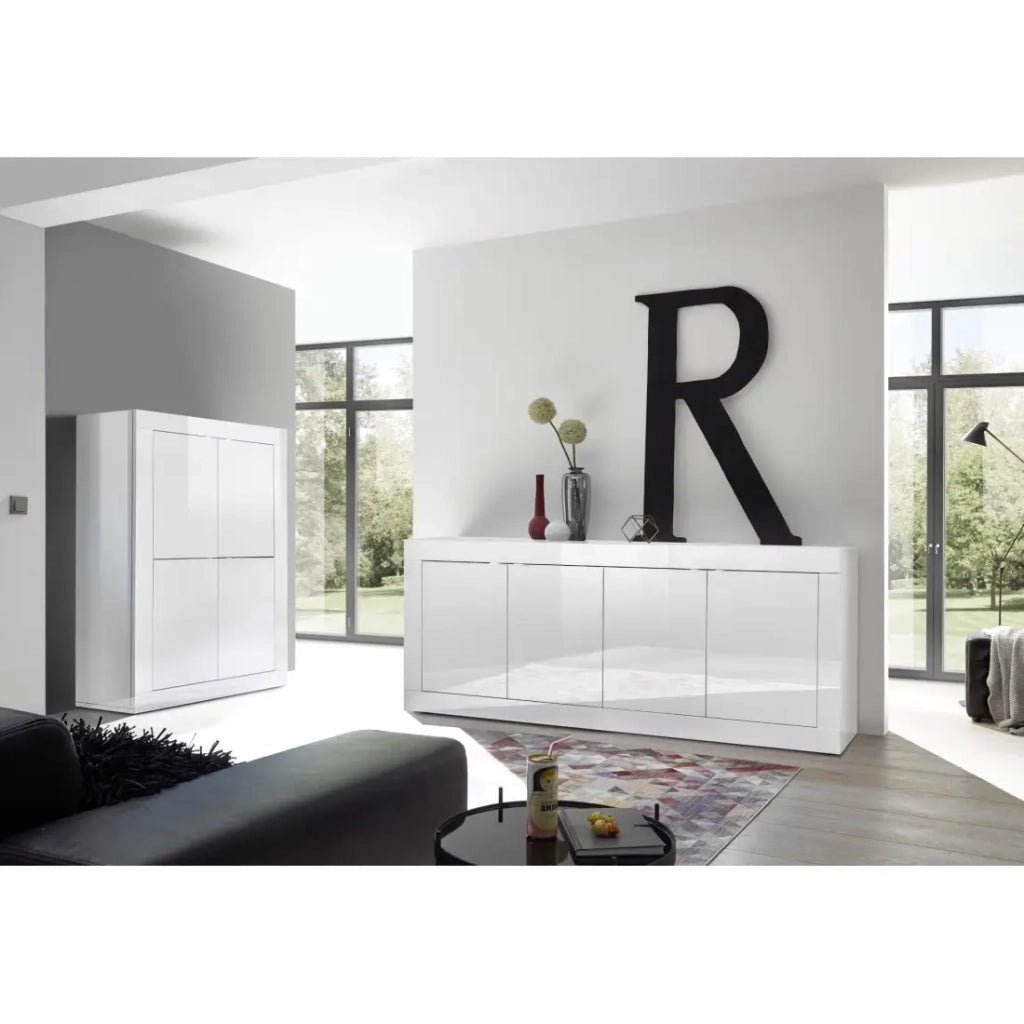 Credenza 4 porte ISORA - Bianco lucido - Design moderno e funzionale