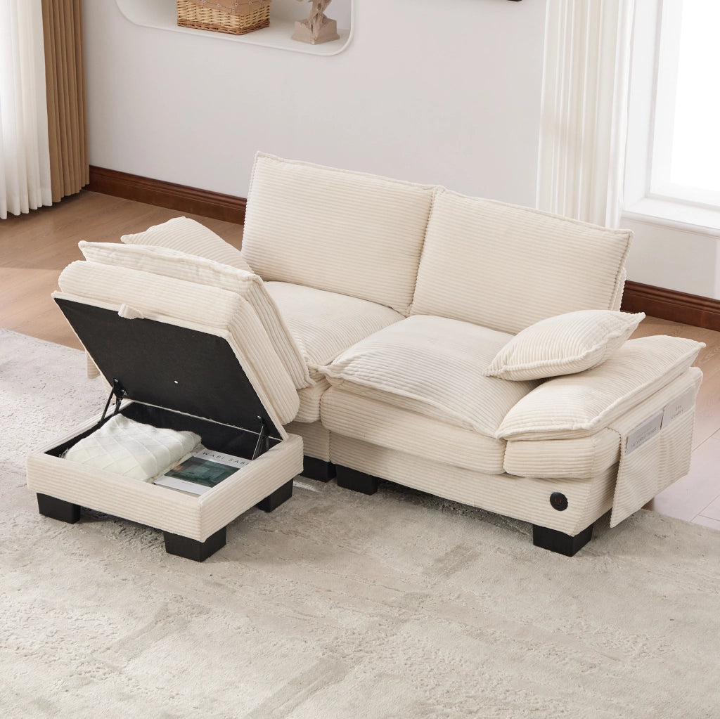 Divano 2 posti 190x132x84 cm beige in velluto a coste, con pouf contenitore