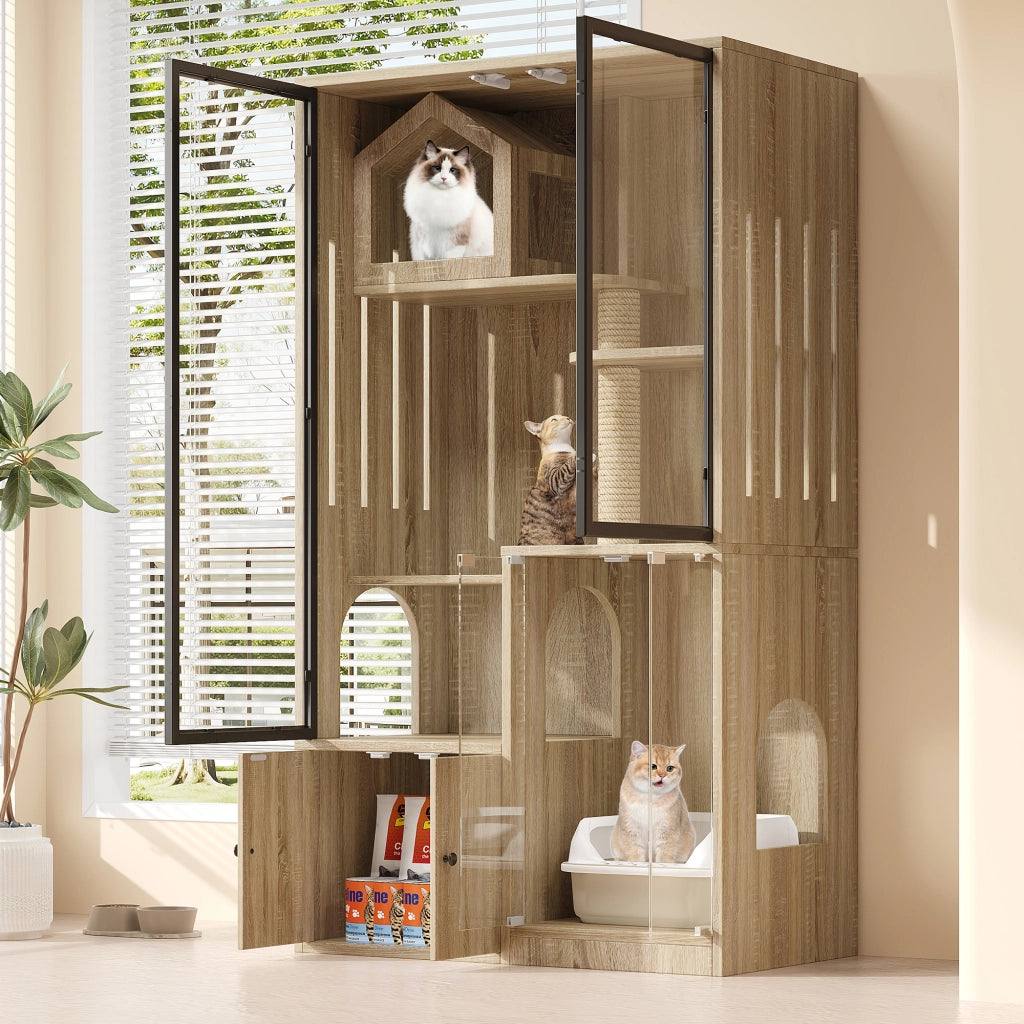 Tiragraffi per gatti a più livelli con casa integrata e ripiani aperti con tiragraffi in juta in MDF e vetro naturale
