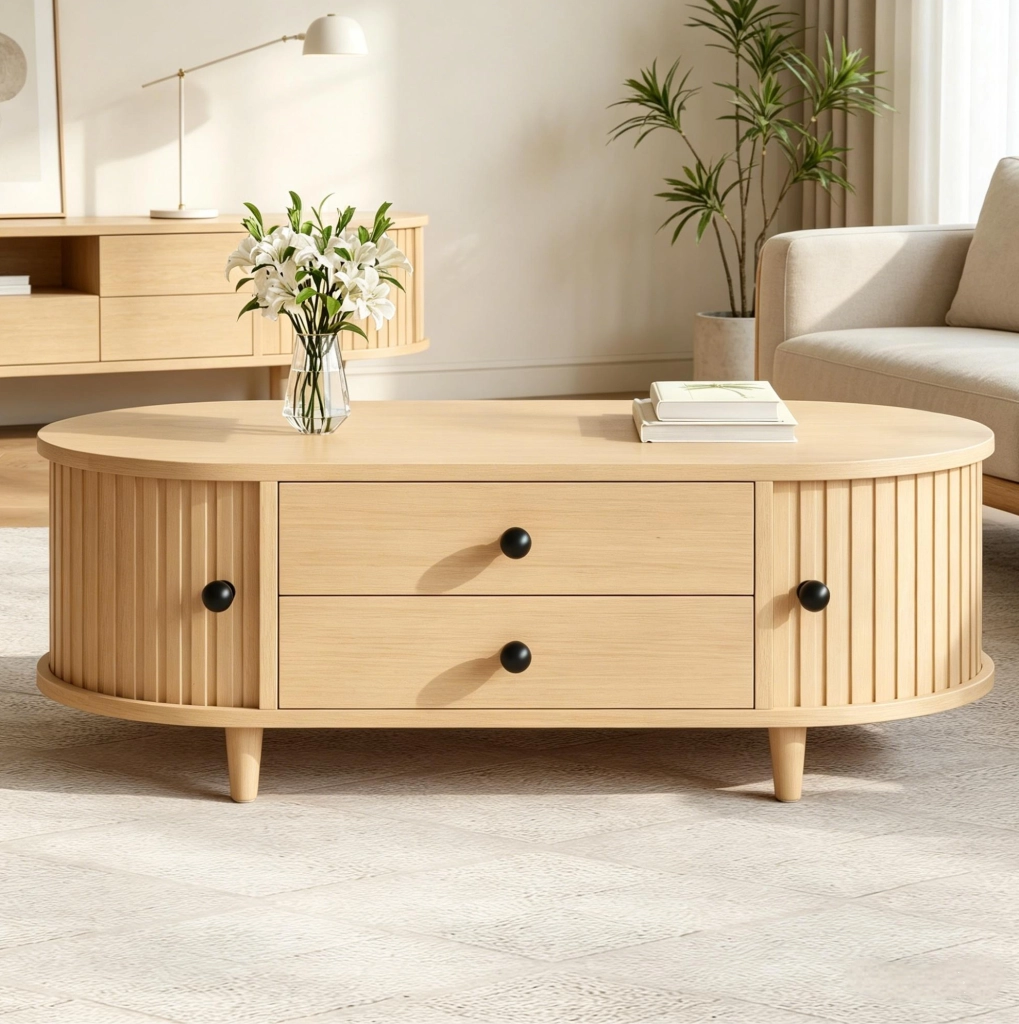 Tavolino da salotto in MDF con 2 cassetti e ante scorrevoli; 100x50x36 cm; legno naturale