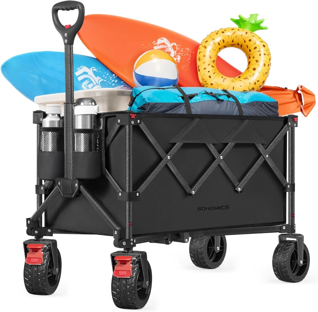 SONGMICS Carrello da Campeggio Pieghevole, Carretto, 150 L, Portante 150 kg, Carrello da Giardino, con Manico, 4 Ruote Rimovibili, Salvaspazio, per Esterni, Giardino, Grigio Ardesia GFW115G01