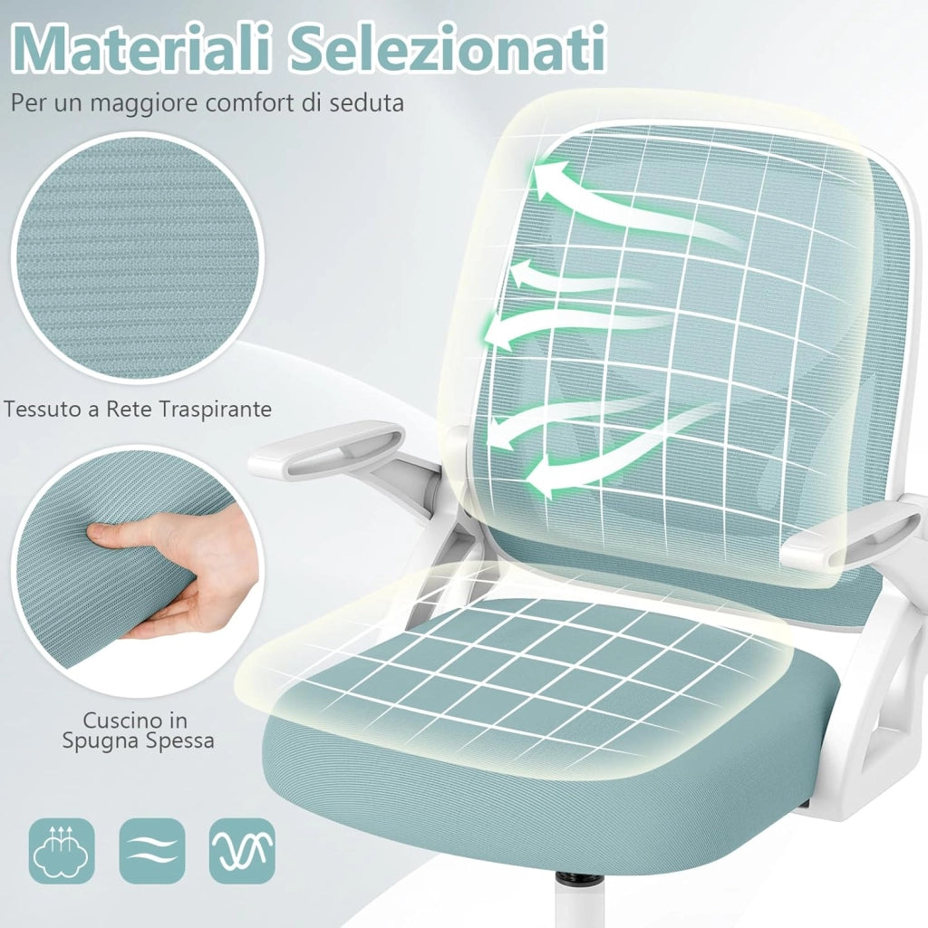 Sedia Ufficio Girevole 360°, Poltrona Scrivania con Regolabile in Altezza, Sedia da Lavoro con Supporto Lombare, Braccioli Ribaltabili, Ruote con Freni