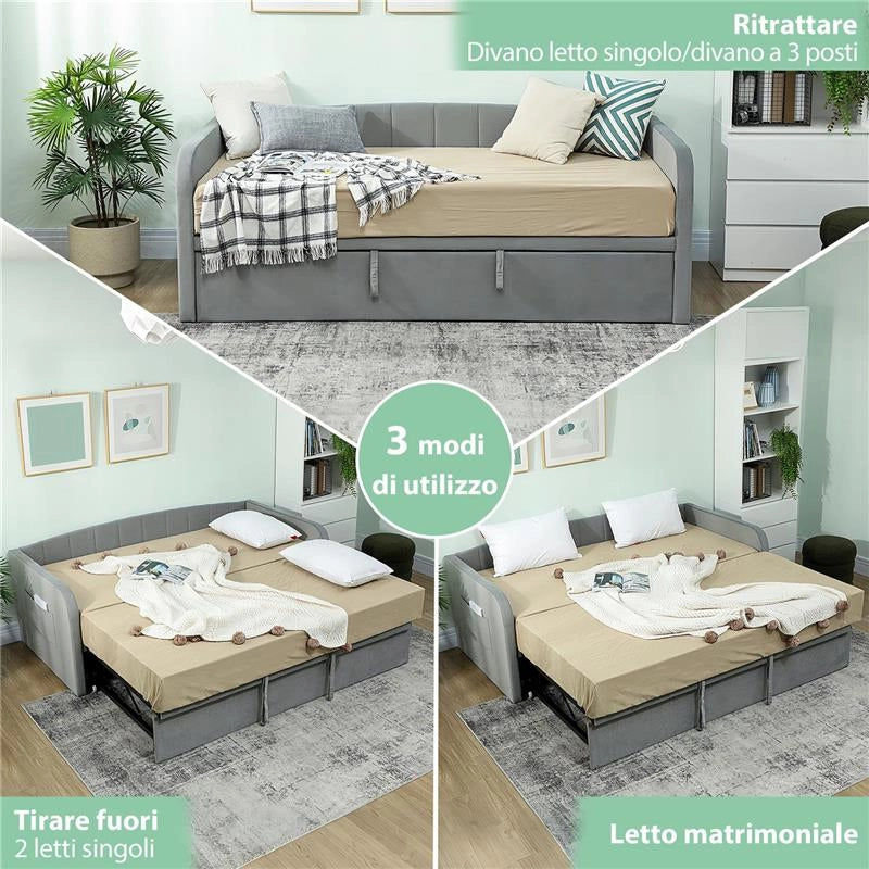 LETTO DIVANO 3 POSTI CON LETTINO ESTRAIBILE CONVERTIBILE IN LETTO MATRIMONIALE,205X186X75 CM, GRIGIO CHIARO