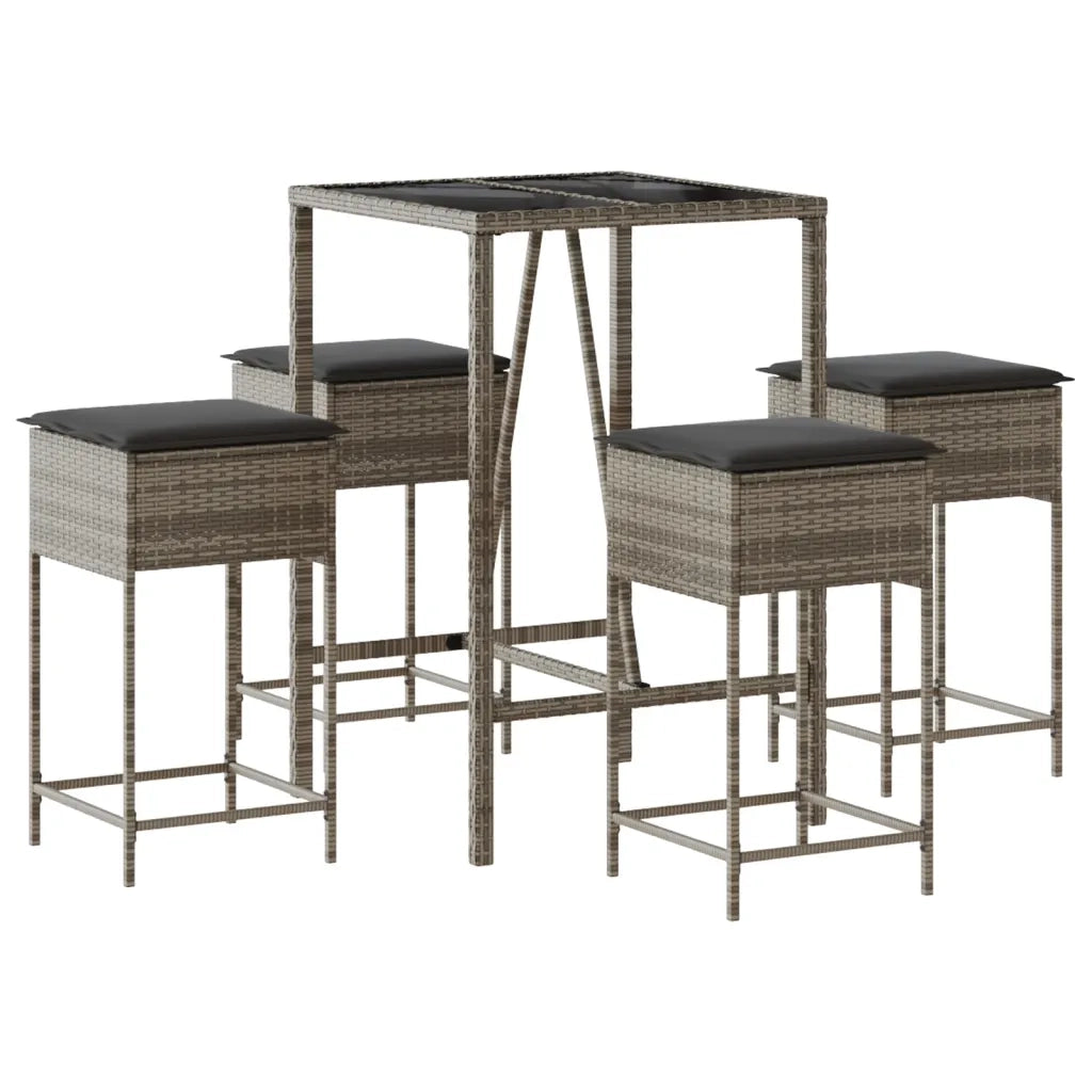 Set Bar da Giardino 5 pz con Cuscini in Polyrattan Grigio
