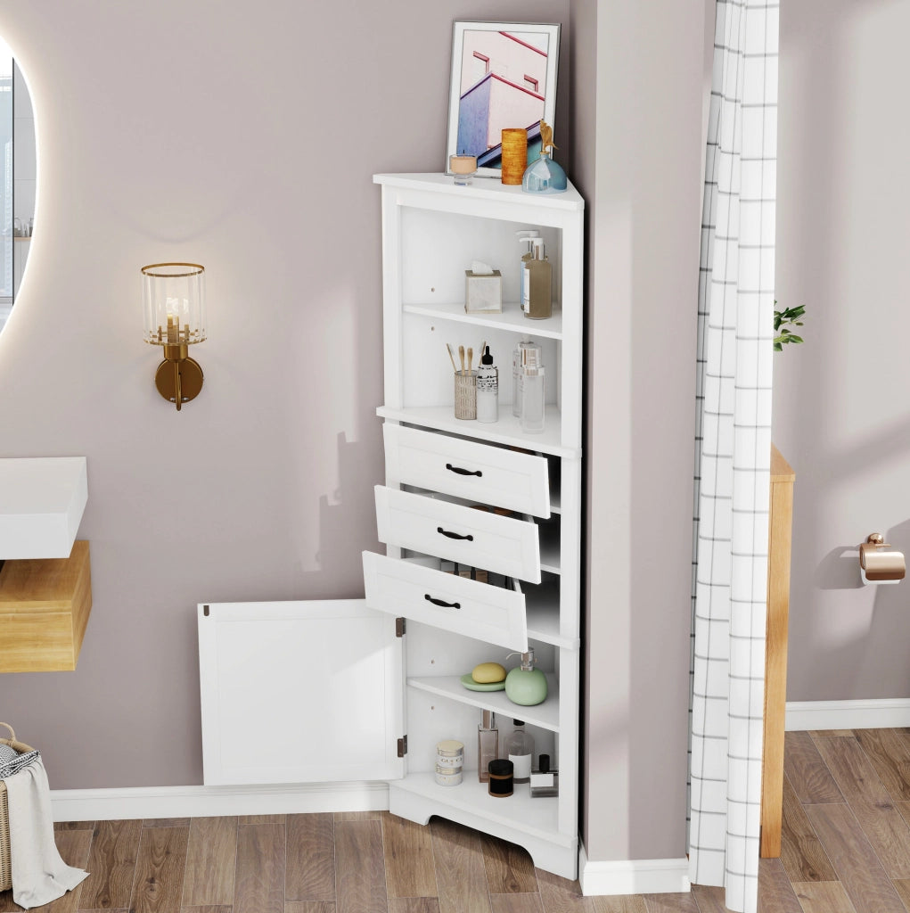 Mobile angolare per bagno con cassetti e ripiani regolabili