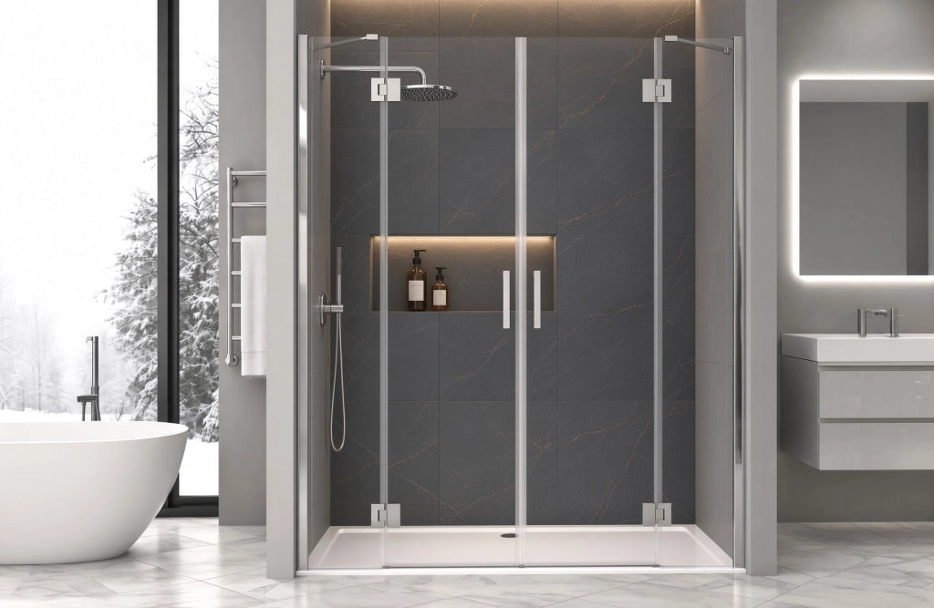 Box doccia 220 cm due ante DOPPIO BATTENTE saloon per nicchia H200 cm cristallo trasparente 6mm profilo CROMATO LENA