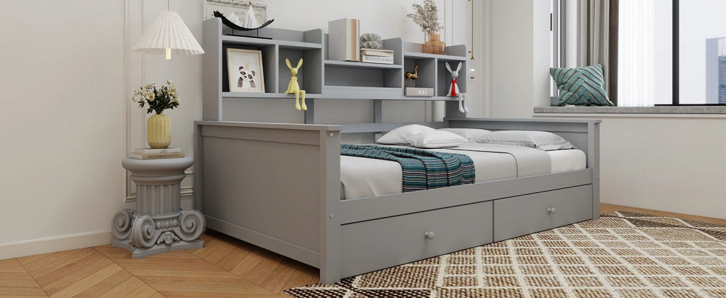 Divano letto con 2 cassetti e vani portaoggetti in legno massiccio per cameretta e ragazzi, grigio 90 × 200 cm