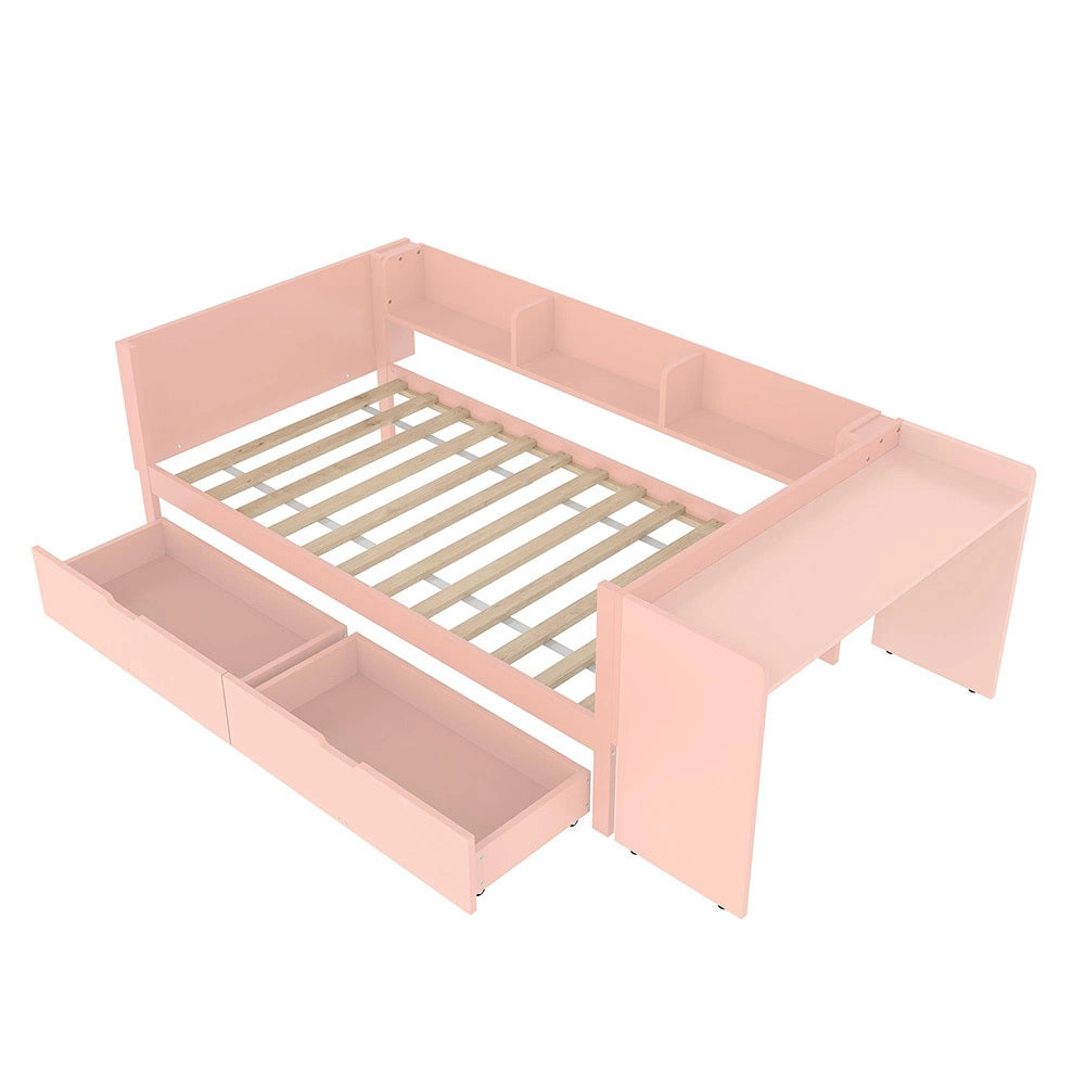 Letto singolo-Xylo-90x200 cm-con scrivania, 2 cassetti, scaffali, pino, rosa