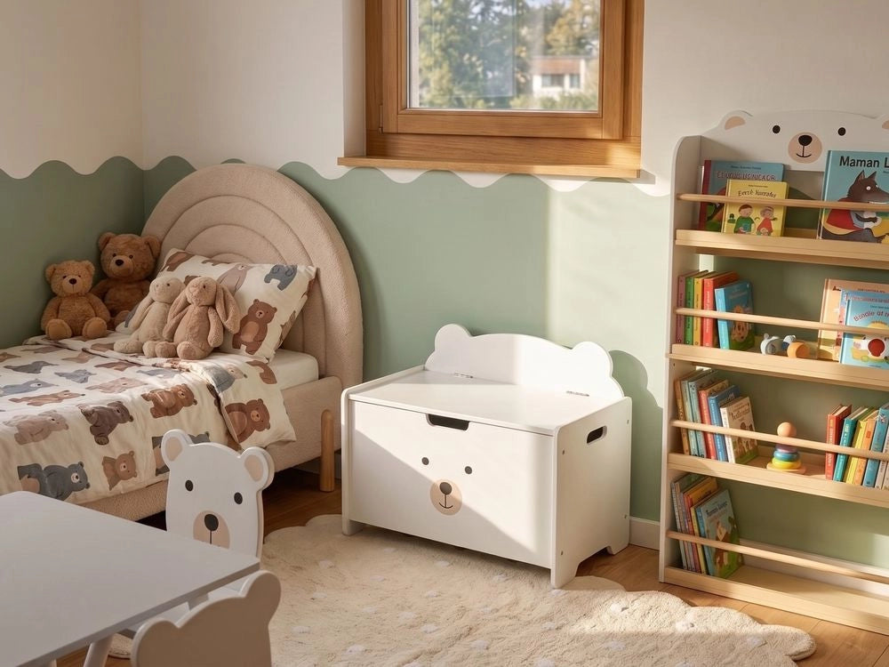 Baule portagiochi con panca in MDF per cameretta a tema animali stile scandinavo