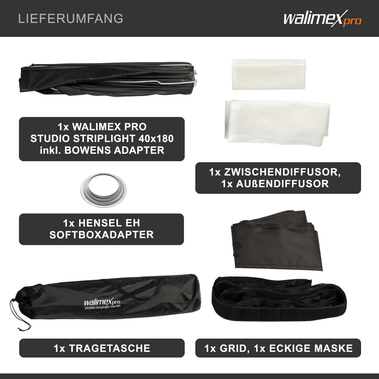 Studio Striplight Softbox 40x180cm + adattatore softbox per Hensel Expert, ruotabile a 360°, facile da montare grazie alla funzione ombrello, include griglia, maschera