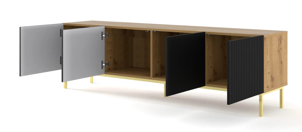 MOBILE RAVENNA B PORTA TV IN MDF RIVESTITO IN LEGNO 4D 200 ROVERE ARTIGIANALE NERO OPACO STRUTTURA ORO