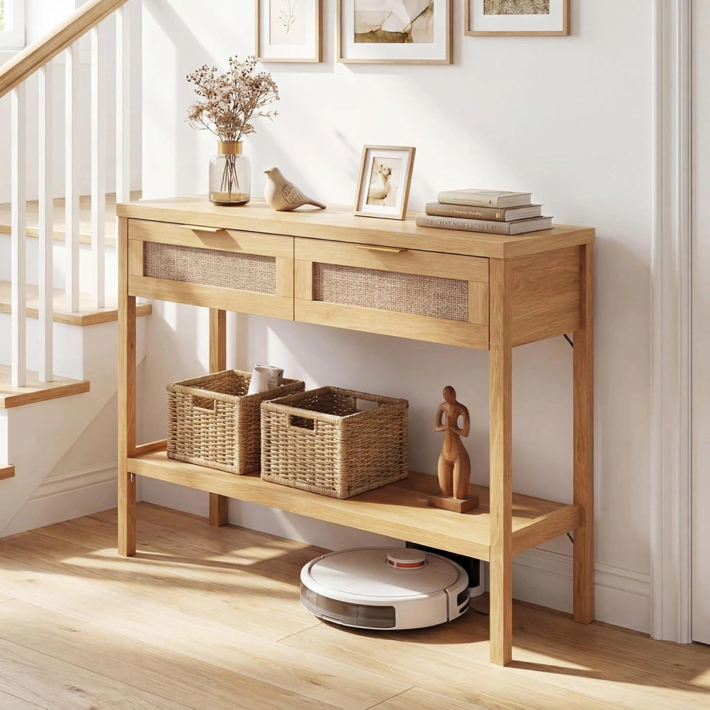 Tavolo Consolle, Tavolino da Divano in Legno con Doppio Cassetto, Ripiano Inferiore e Ampio Piano, Kit Antiribaltamento, Consolle per Ingresso, Corridoio e Soggiorno (Naturale)