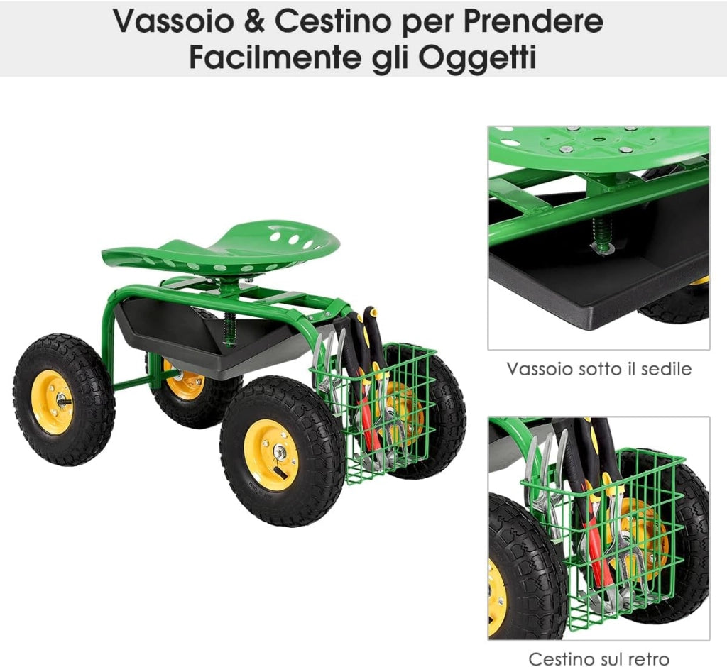 Sgabello da Giardino, Sgabello per Giardinaggio con Ruote, Sedile Regolabile in Altezza e Girevole a 360°, Cestello e Vassoio, Carrello per Prato e Giardino, Portata 150 kg(Verde)