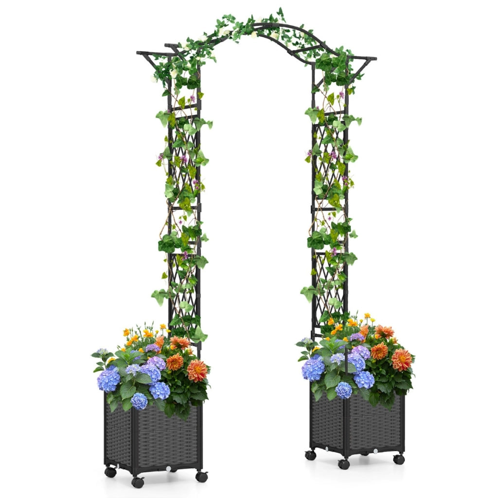 Arco in metallo da giardino con 2 fioriere auto-irriganti e ruote, Grande arco da matrimonio all'aperto per viti e rose Grigio-Fioriere