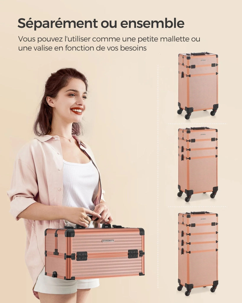 Valigetta per il trucco professionale 4 in 1 beauty case XXL (34 x 24 x 79,3 cm) con serratura ruote a 360° per viaggi manicure trucco parrucchiere rosa 12_0007834