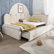 Letto per bambini 90x200 cm, testiera a forma di corona, con letto estraibile, in velluto, beige