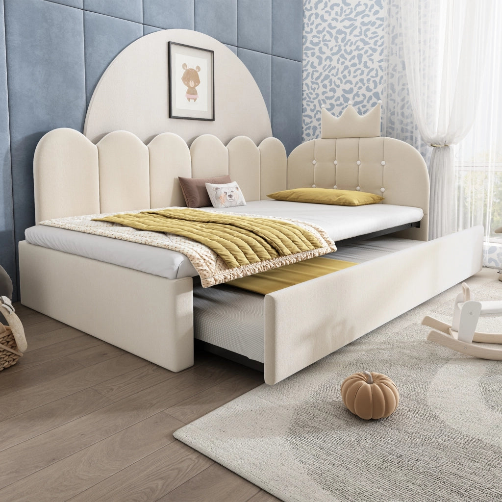 Letto per bambini 90x200 cm, testiera a forma di corona, con letto estraibile, in velluto, beige