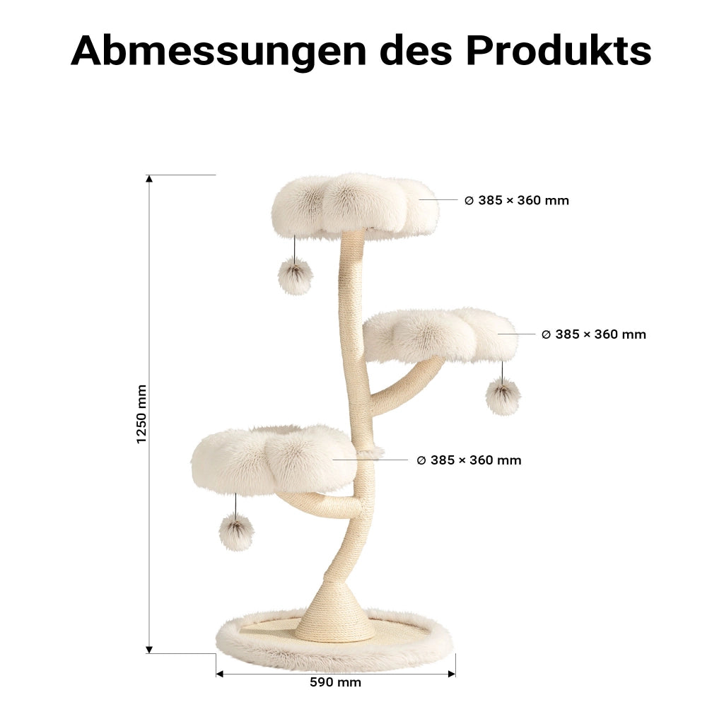 Fudajo Albero tiragraffi per gatti di design con 3 piattaforme, Ø 59 cm, altezza 125 cm, portata max. 15 kg, beige con sisal e peluche, colonna con 3 livelli