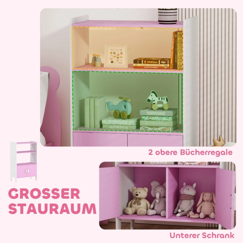 Libreria per bambini, 2 ripiani, 2 ante, autoportante, design antiribaltamento, piedini antiscivolo, MDF, rosa+bianco