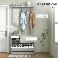 Mobile Appendiabiti 3 in 1 con Scarpiera e Specchio, Ganci e Cassetti, in Legno, 90x10x102 cm, Bianco e Grigio