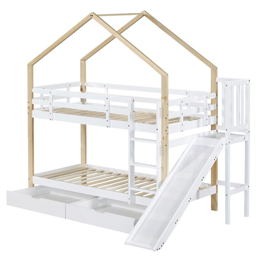 Letto a castello con scivolo e scala - Zephmum- 90x200 cm, Bianco+Naturale, 2 cassetti, sicurezza