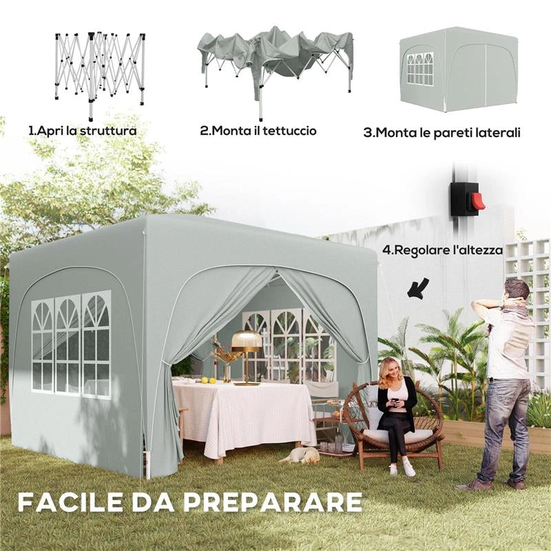 GAZEBO DA GIARDINO 3X3M PIEGHEVOLE CON ALTEZZA REGOLABILE, PROTEZIONE UPF50+ E BORSA GRIGIO CHIARO