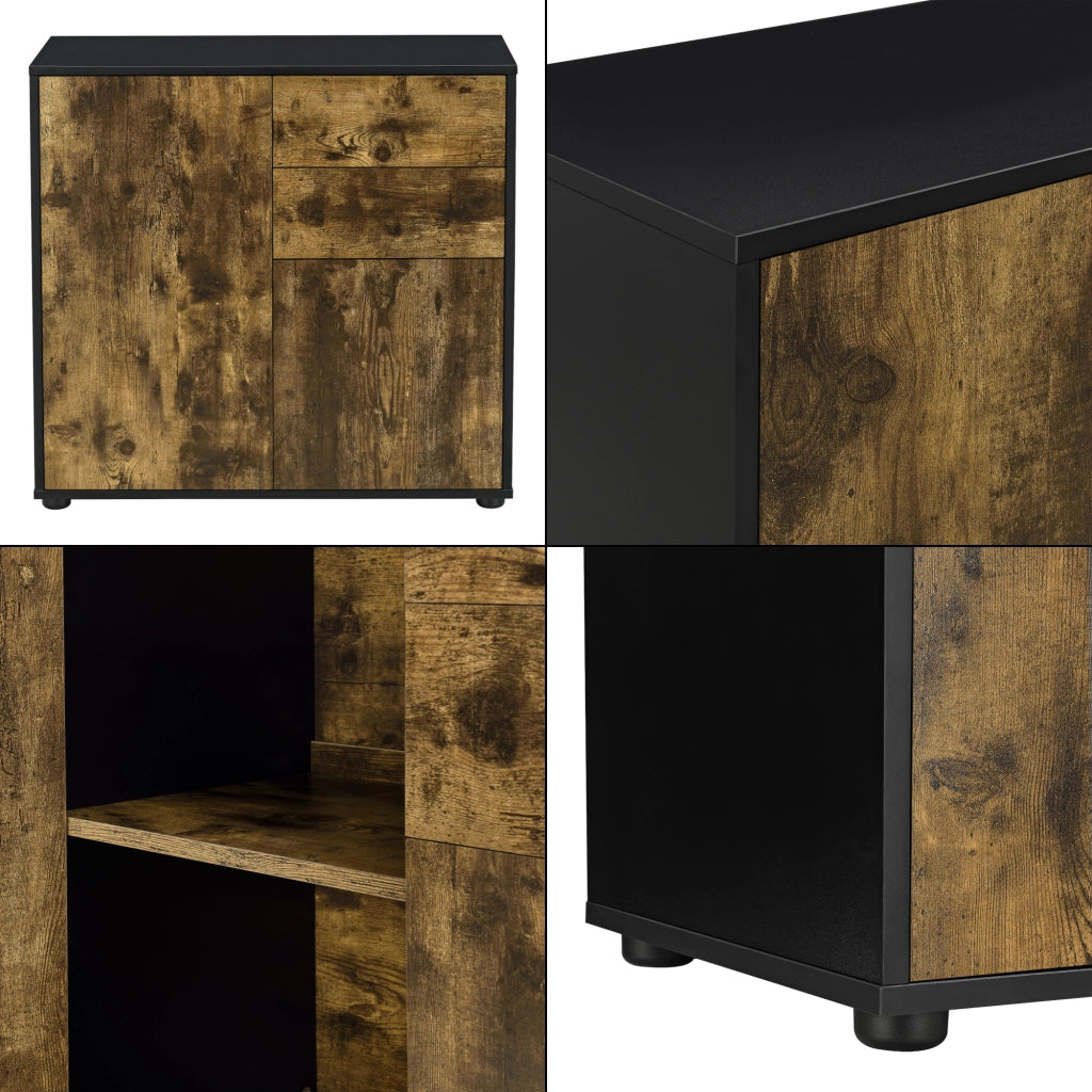 Comò con 2 ante e 2 Cassetti con Apertura Push-to-Open 74 x 79 x 36 cm Mobiletto Multiuso per Camera / Ufficio - Nero/Effetto Rovere Scuro