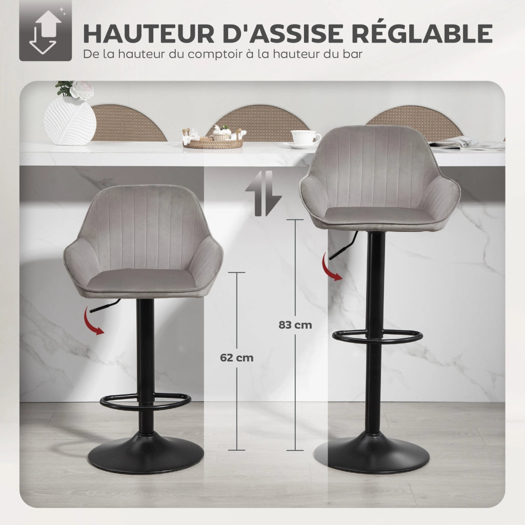 Sgabello da Bar Set 2 Pezzi ¨C Xylo ¨C Velluto Grigio con Schienale Regolabile e Girevole