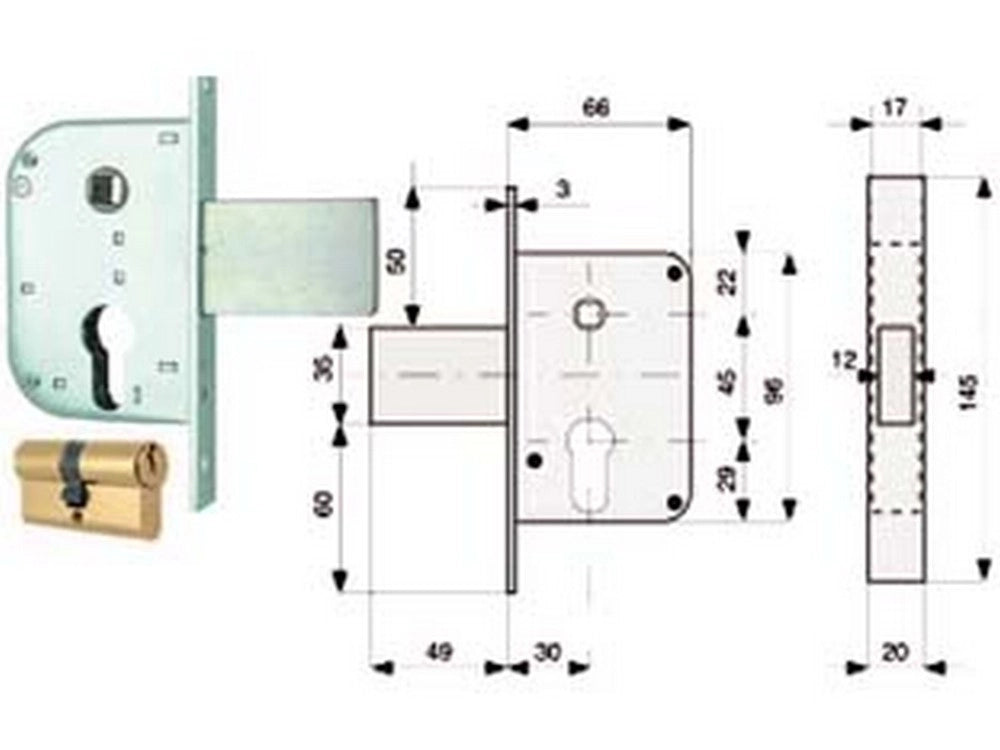 2pz serratura infilare canc. solo scrocco disp. blocc.+ quadro cilindro sag cod:ferx.fer284004