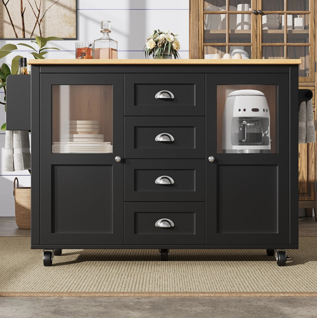 Isola da cucina 137.9x73x92.5 cm pieghevole con ruote in MDF e metallo nera