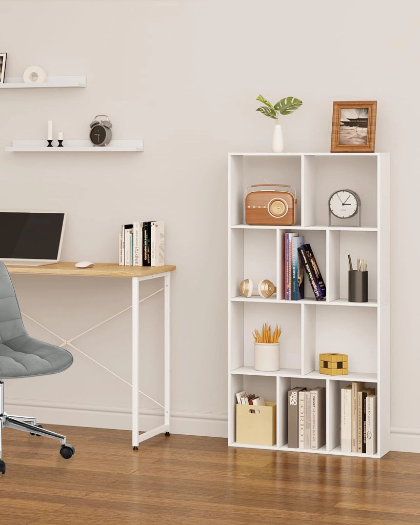 Scaffale da Soggiorno a 4 Ripiani, Libreria in Legno Salvaspazio con 10 Cubi Portaoggetti, Mobile Multiuso Moderno Bianco, per Studio, Camera da Letto, Cucina, Ufficio, 60x20x120cm