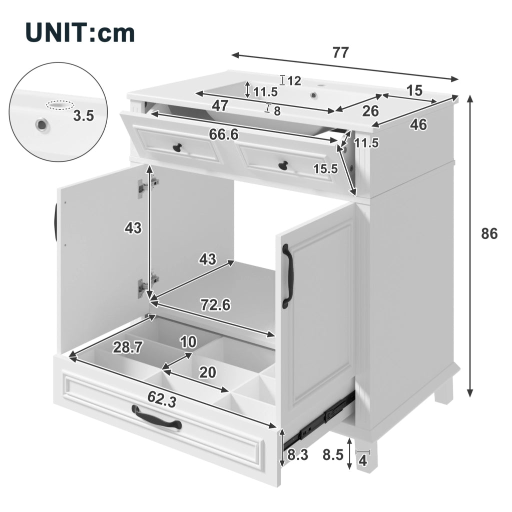 Mobile lavabo freestanding bianco MDF e ceramica 77x46x86 cm