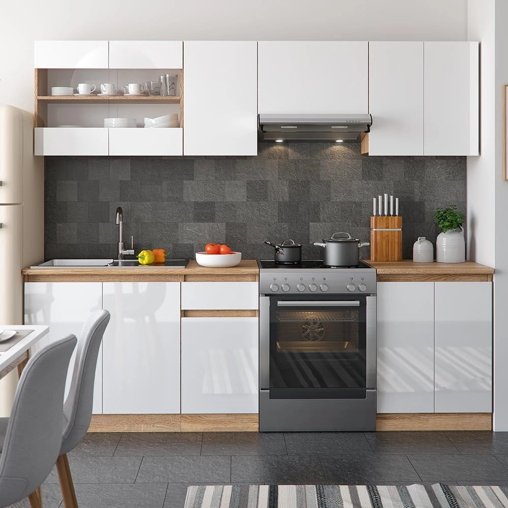Cucina componibile Raul, Bianco lucido/bianco, 240 cm, PL Sonoma, con moduli posizionabili variabilmente e piedini regolabili in altezza