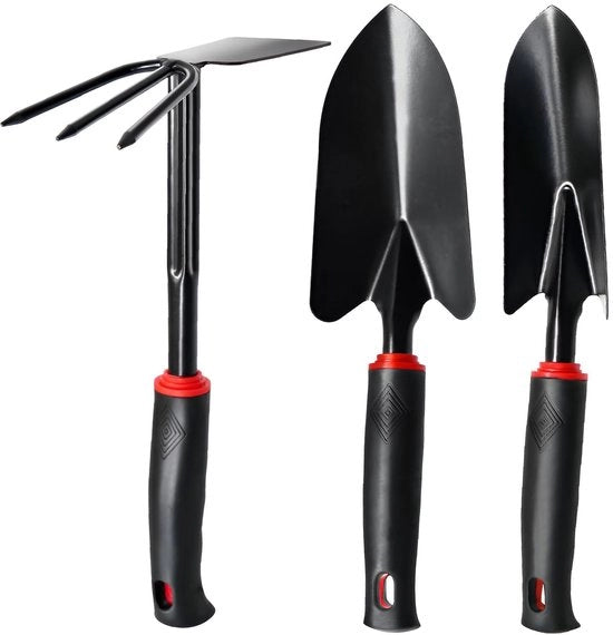 Set di giardinaggio 3 in 1 con manico antiscivolo – Set professionale in acciaio inossidabile per piante, scavare e sfalciare (zappa, zappatrice, vanga a doppia lama)