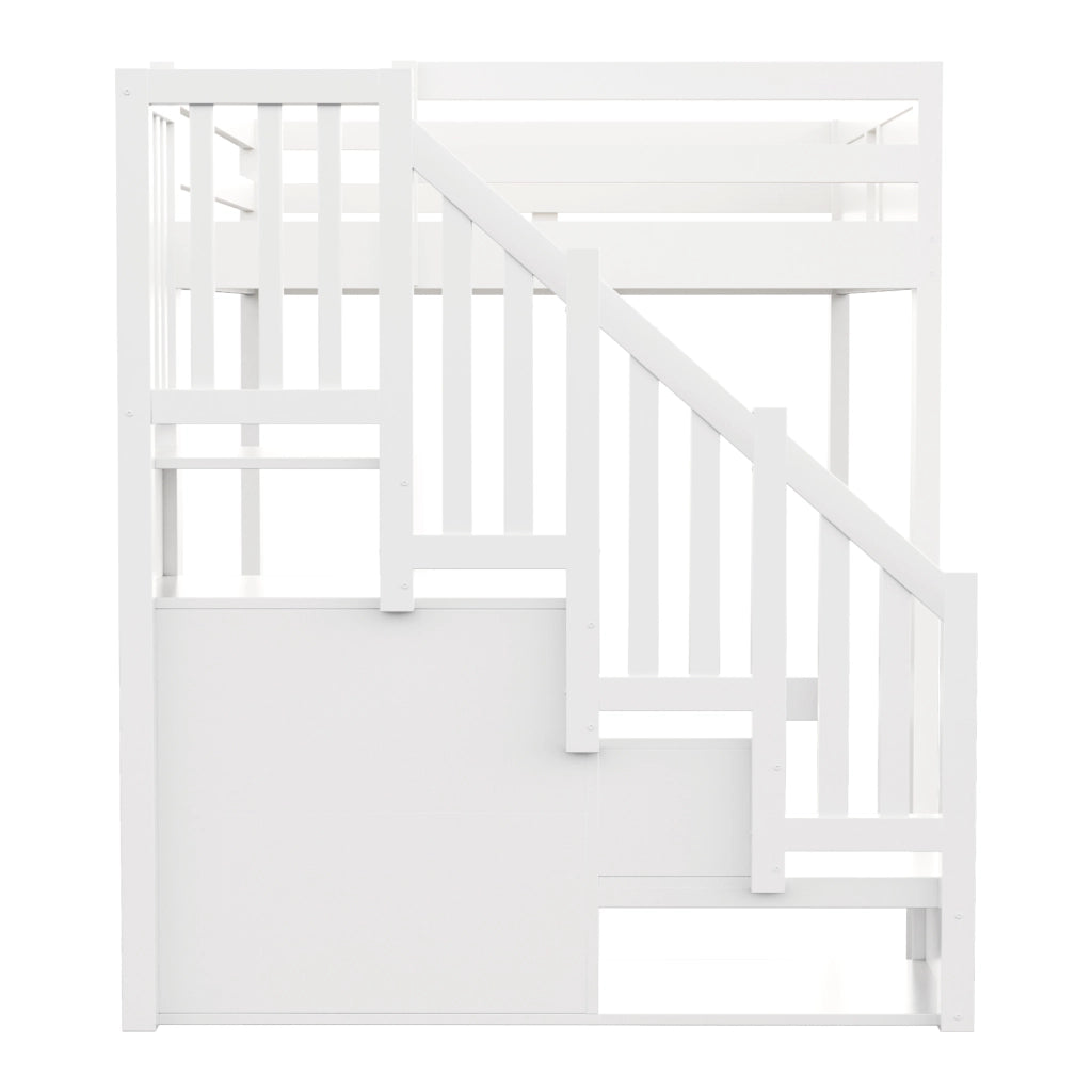 Letto a soppalco 140x200 cm con parapetto a finestra e scala contenitore reversibile; struttura in legno massello; bianco