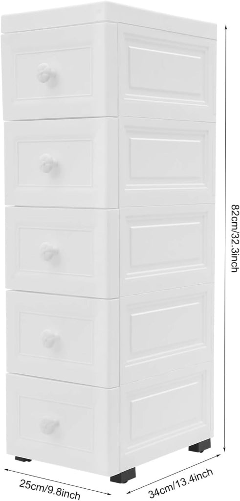 Carrello con cassetti Contenitore portaoggetti in plastica per bagno, carrello portaoggetti per uso domestico Armadietto multifunzionale con cinque cassetti, 82×34×25 cm, Bianco