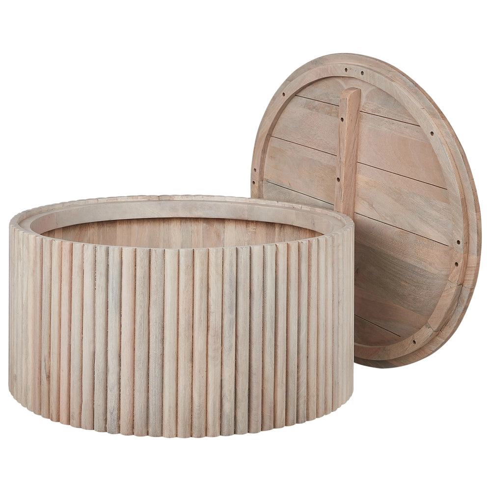 Tavolino moderno con contenitore e base rotonda in legno di mango chiaro soggiorno sala da pranzo contemporaneo